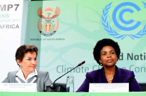 COP17 President Maite Nkoana-Mashabane, right, with UNFCCC's Executive Secretary Christiana Figures brief the media on the progress of the conference